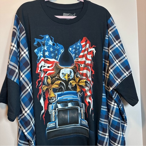 Poncho 18 wheeler eagle American flag black and blue flannel plaid - Picture 6 of 6